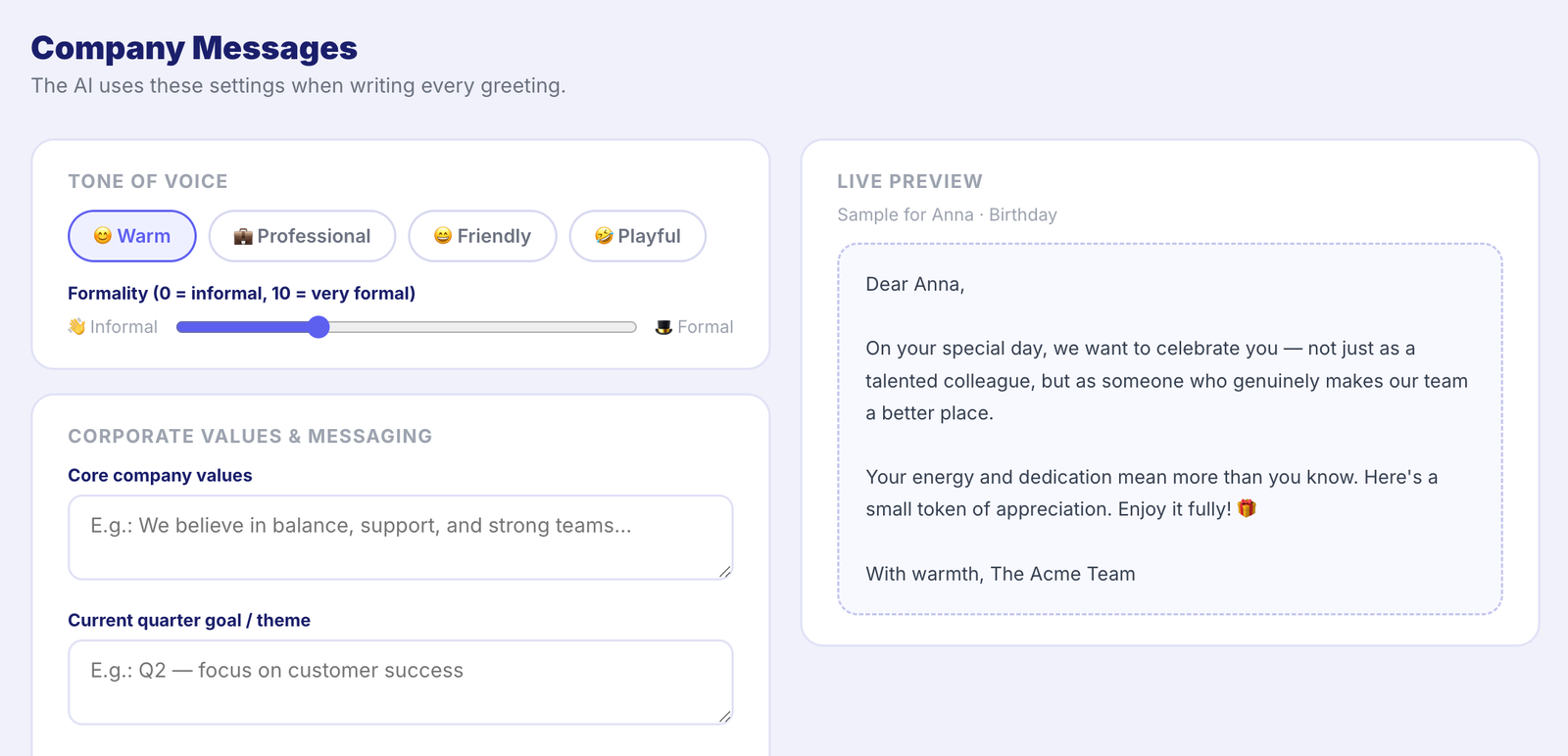 Message settings — tone of voice, corporate values, live preview of the AI draft.